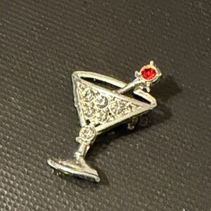 Elegant Silver Cocktail Glass Brooch with Red Gem